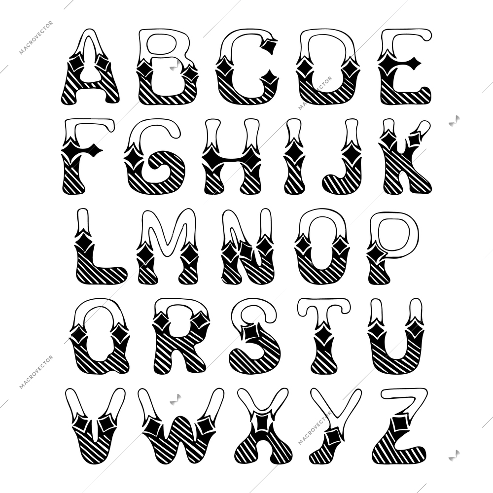 Sketch hand drawn alphabet with hatch ornament font letters isolated vector illustration