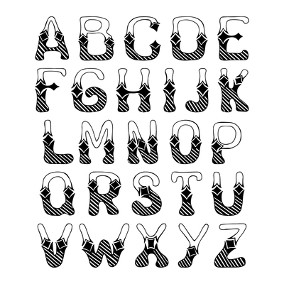 Sketch hand drawn alphabet with hatch ornament font letters isolated vector illustration