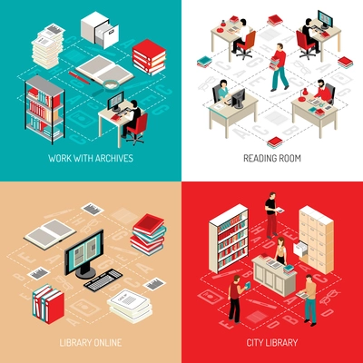 City library reading room with online archive and catalog access 4 isometric icons square abstract vector illustration