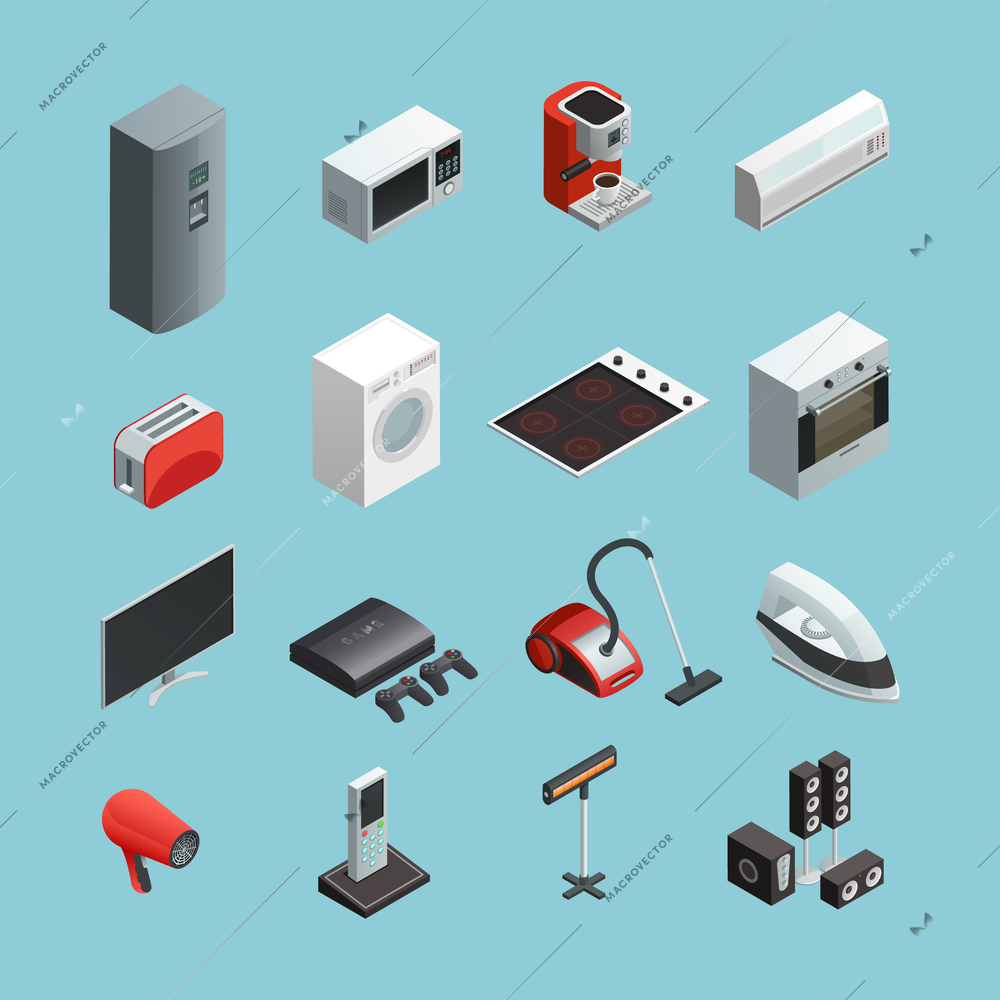 Household appliances isometric icons set with vacuum cleaner refrigerator washing machine and coffee maker isolated vector illustration