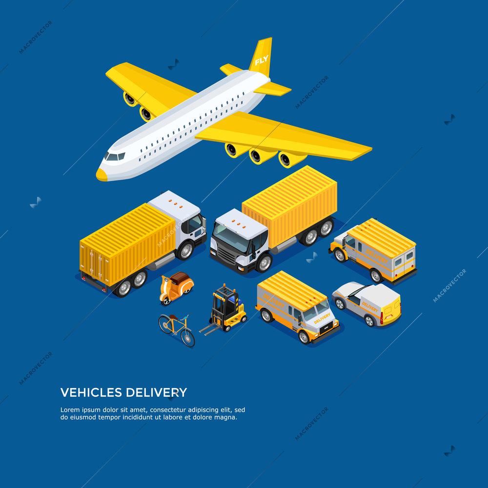 Different kinds of transport for delivery and shipping isometric set on blue background vector illustration