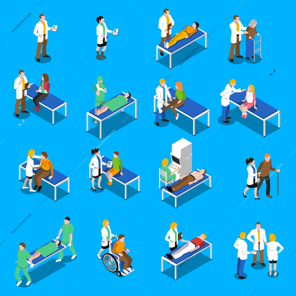 Communication and therapeutic doctor patient relationship in clinical medical practice isometric icons collection abstract isolated vector illustration