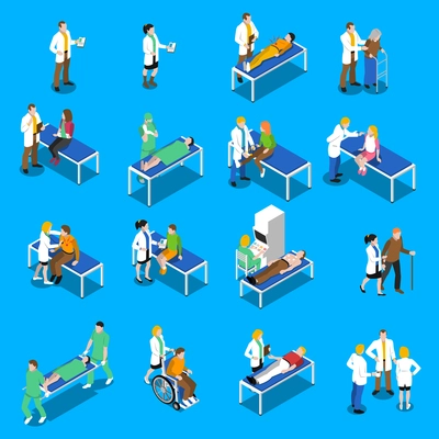 Communication and therapeutic doctor patient relationship in clinical medical practice isometric icons collection abstract isolated vector illustration