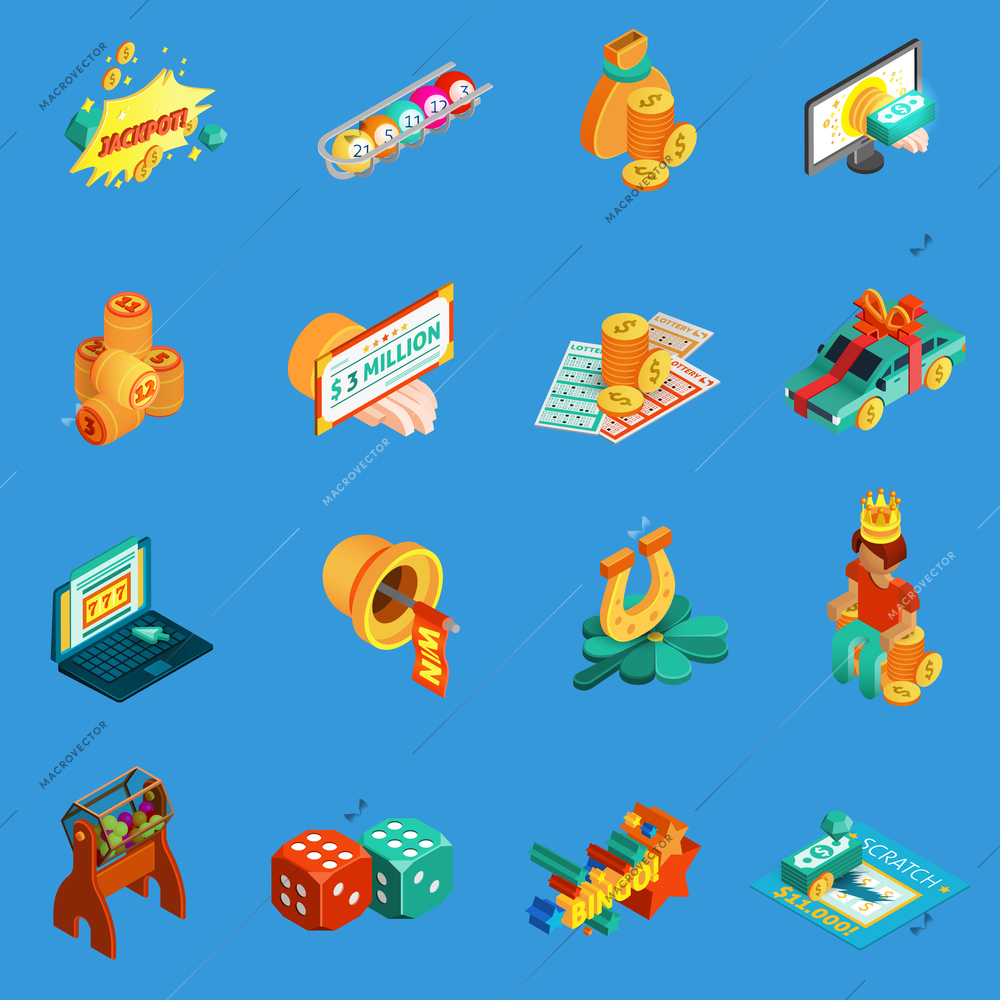 Gambling isometric icons set with jackpot and lottery symbols on blue background isolated vector illustration