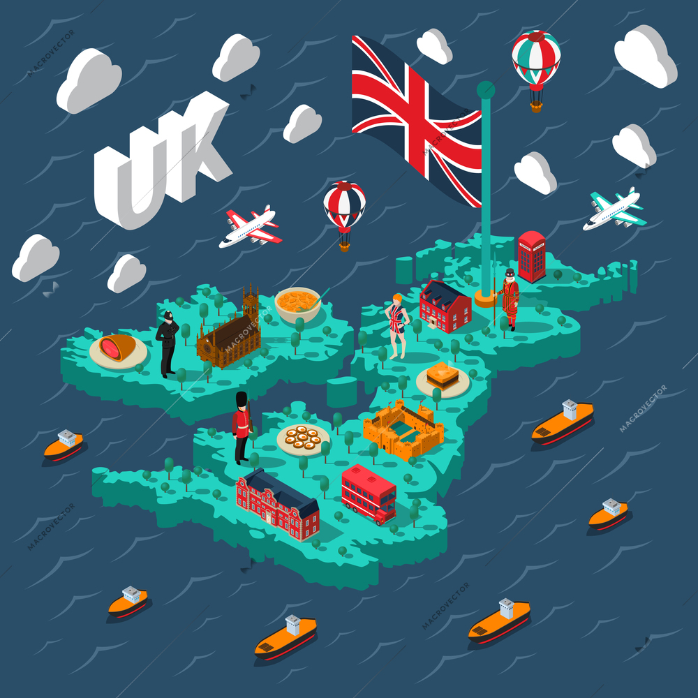 Great britain touristic isometric map with various british cultural elements on background with sea vector illustration