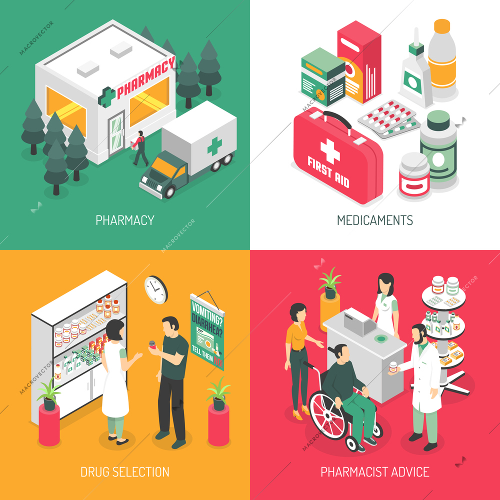 Pharmacy isometric 4 icons square with druggist advise on prescribed medication and ambulance service isolated vector illustration