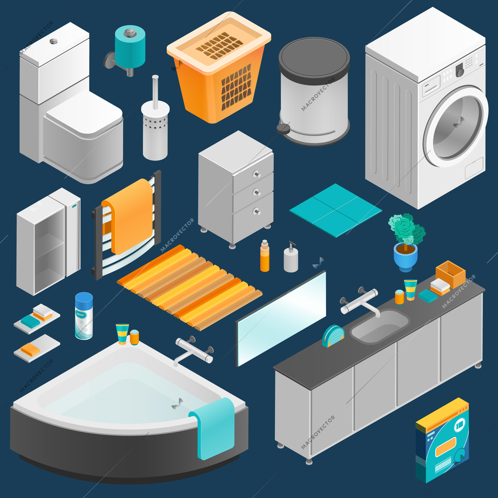 Bathroom interior isometric set with washing machine and bath on dark blue background isolated vector illustration