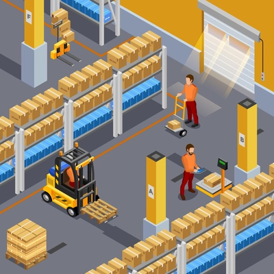 Inside warehouse with workers and packages isometric vector illustration