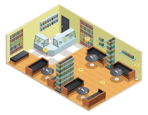 Color isometric design of library interior with cafe table and bookshelves vector illustration