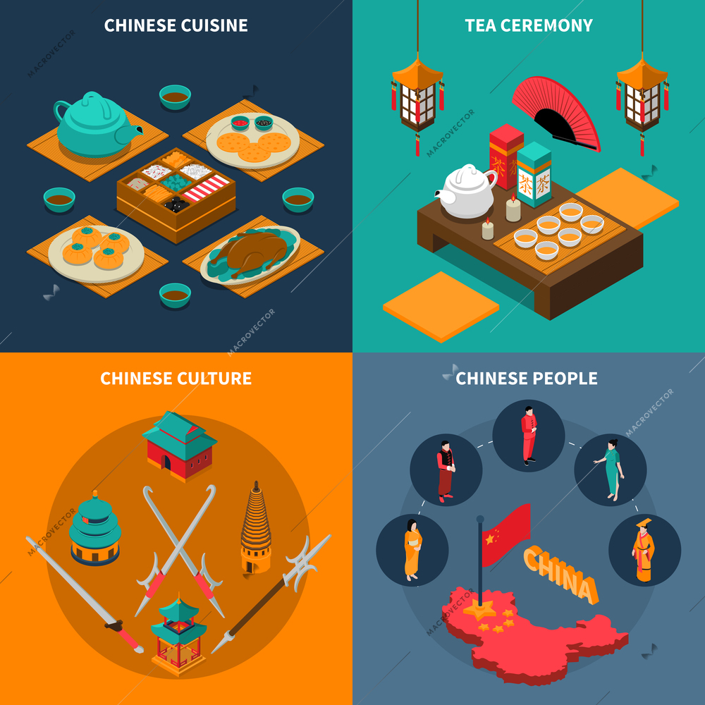 Colorful china touristic isometric isolated 2x2 icons set with chinese cuisine tea ceremony culture and people vector illustration