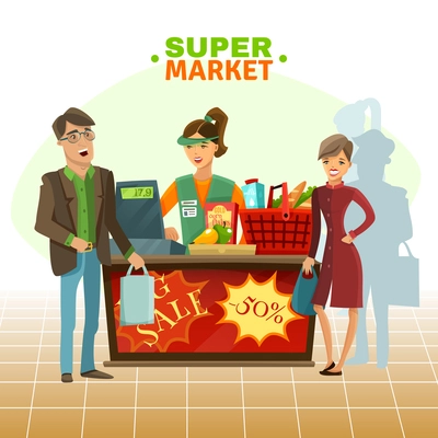 Supermarket cashier with customer food drink and basket cartoon vector illustration