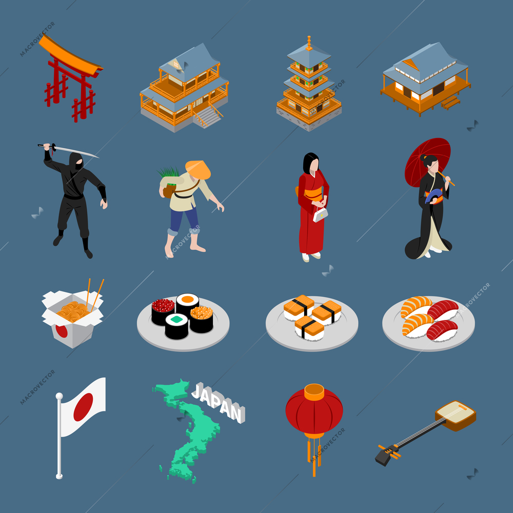 Japan isometric touristic set with japanese traditional architecture characters food map and flag on dark background isolated vector illustration