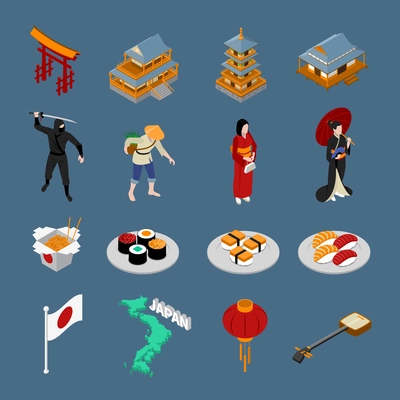 Japan isometric touristic set with japanese traditional architecture characters food map and flag on dark background isolated vector illustration