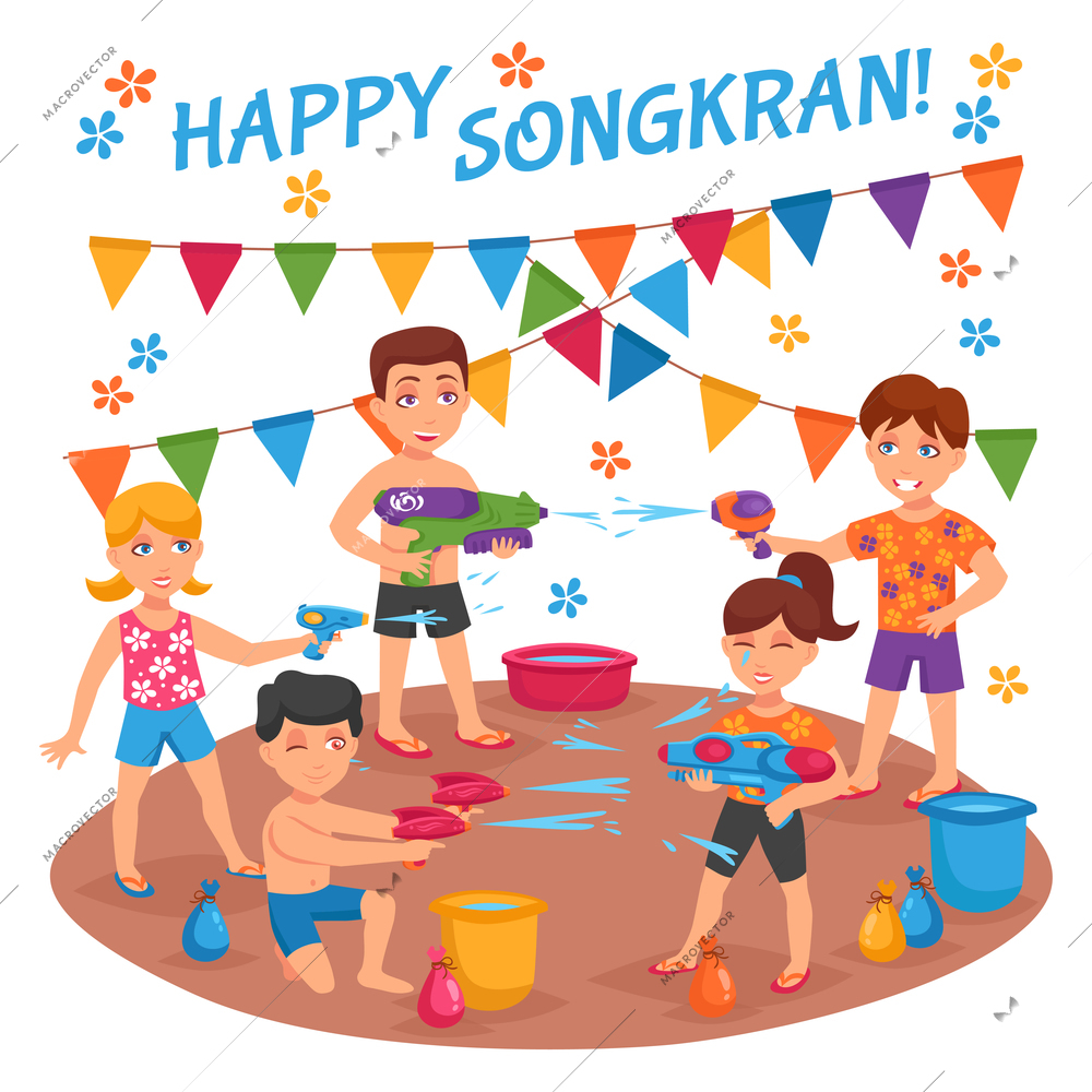 Children water fights on Songkran festival in Thailand flat vector illustration