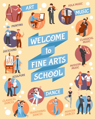 Fine arts school poster with  art and dance symbols flat vector illustration