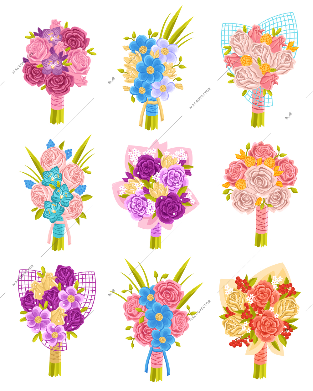 Nine lovely isolated bouquets of blue rose lilac and red flowers for wedding invitation and romantic decoration flat vector illustration