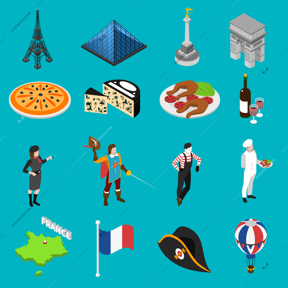 French sightseeing landmarks and national cuisine for tourists with eiffel tower and wine abstract isolated vector illustration