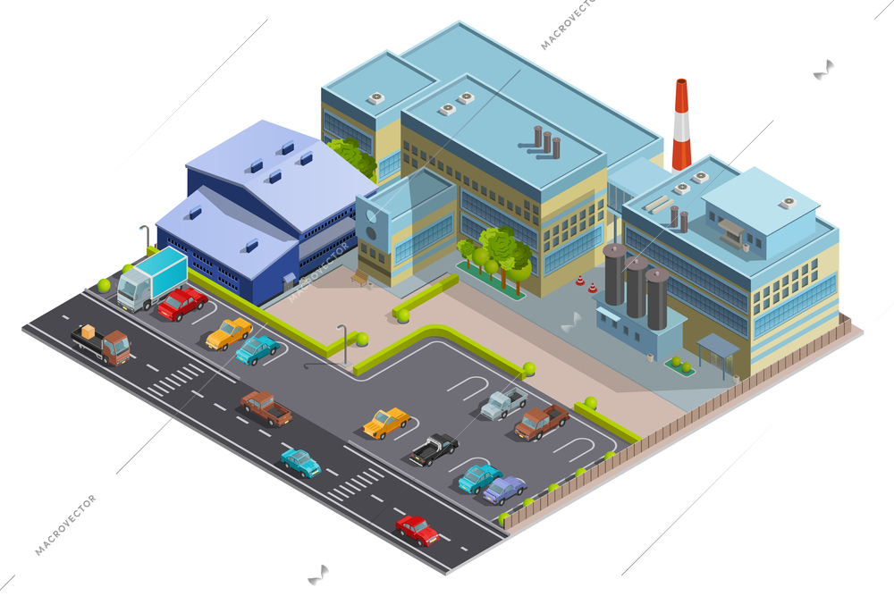 Factory composition of territory with big complex building contains manufacturing  warehouse and office segments isometric vector illustration