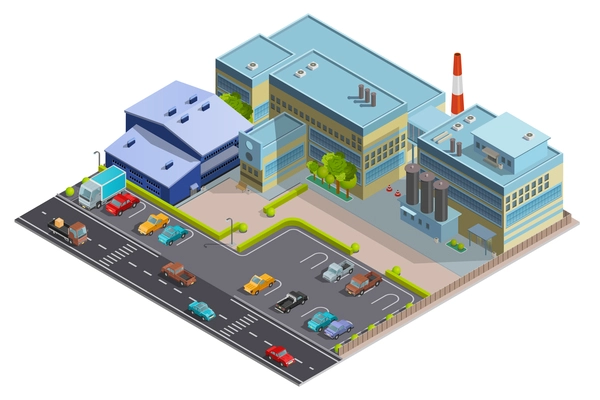 Factory composition of territory with big complex building contains manufacturing  warehouse and office segments isometric vector illustration