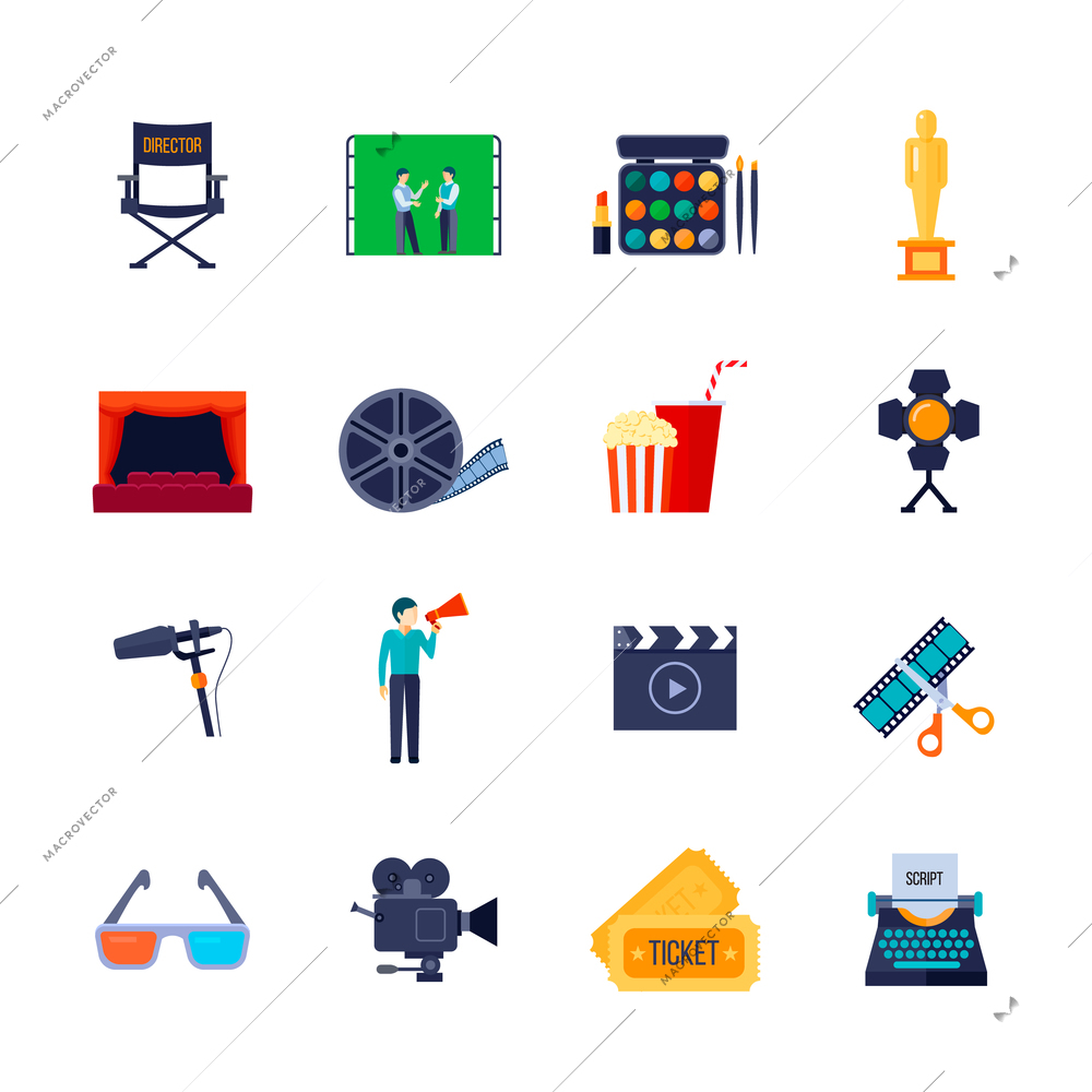 Filmmaking and movie watching attributes flat icons collection with camera film bobbin and 3d glasses isolated vector illustration