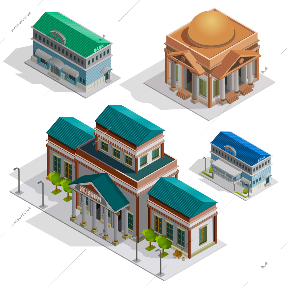 Bank and museum city buildings isometric decorative icons set with pillars and elements in style of classicism  isolated  vector illustration