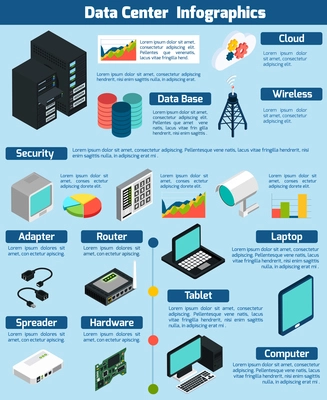 Data center infographics presenting statistics and information about different devices data base cloud service and wireless technology on blue background isometric vector illustration