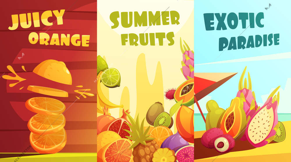 Exotic juicy tropical fruits vertical banners composition poster for summer vacation travelers cartoon style isolated vector illustration