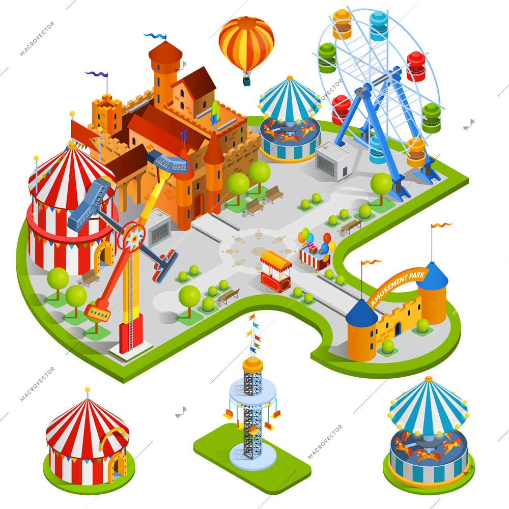 Amusement kids park isometric composition with medieval castle ferris wheel carousel circus tent in cartoon style vector illustration