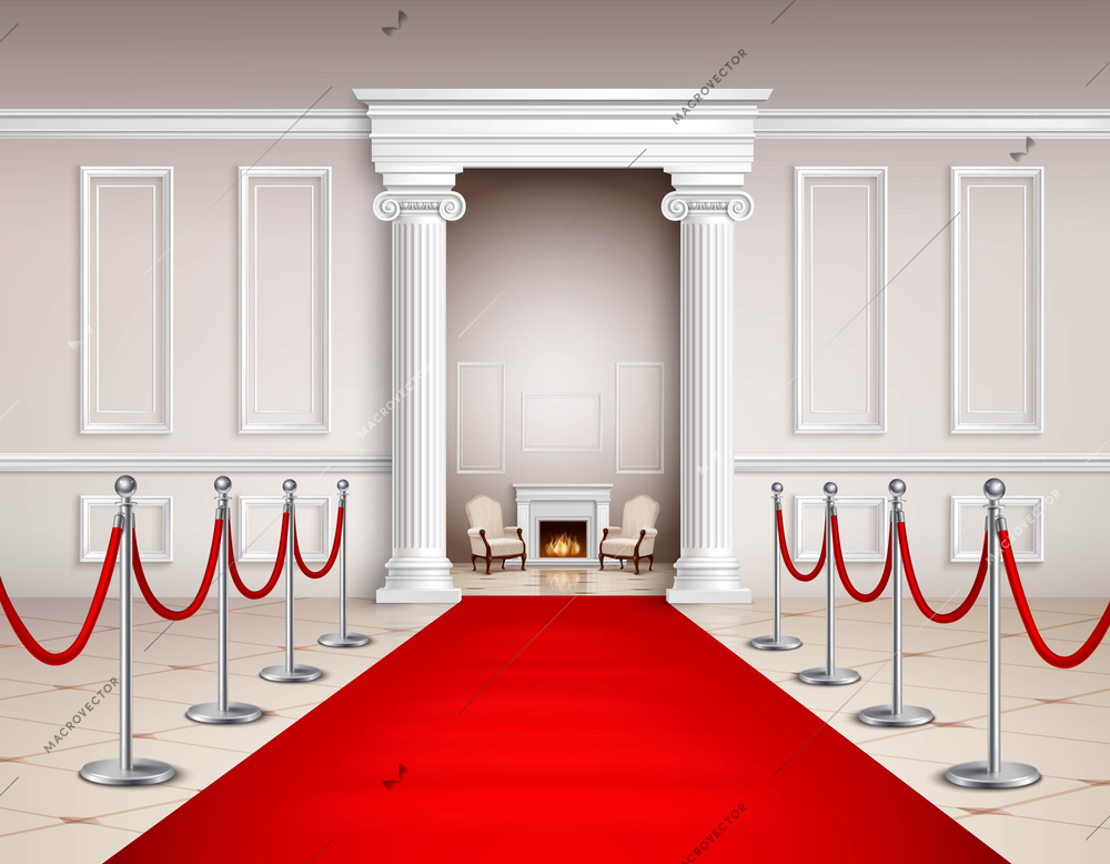 Victorian style hall with red carpet silvery barriers armchairs and fireplace realistic vector illustration