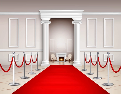 Victorian style hall with red carpet silvery barriers armchairs and fireplace realistic vector illustration