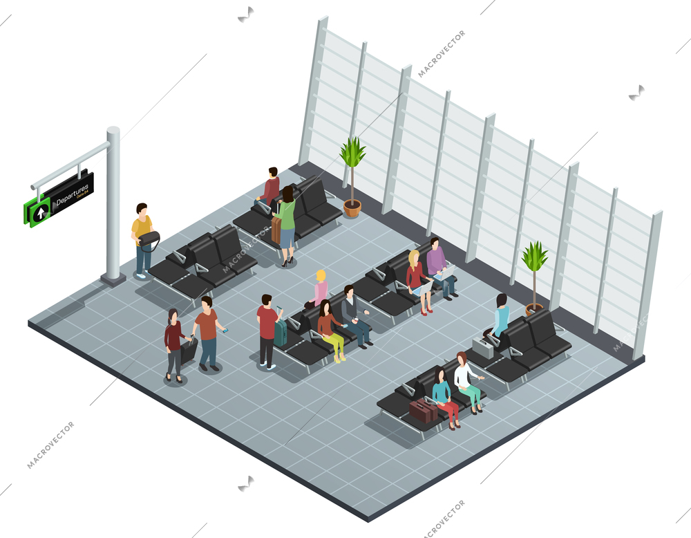 Airport departure lounge isometric view poster with passengers sitting and waiting before boarding plane vector illustration