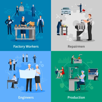 Colorful 2x2 compositions with professionals at work presenting factory workers repairmen engineers and production flat vector illustration