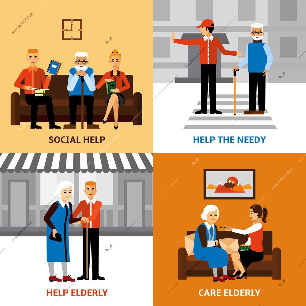 Volunteers 2x2 design concept with young people helping elderly needy in medical and social care flat vector illustration