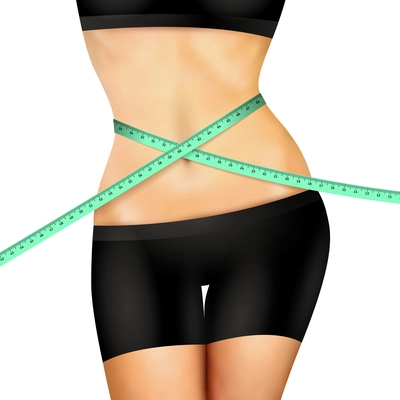 Slim fitness woman body in black shorts and top with measuring tape on white background realistic vector illustration