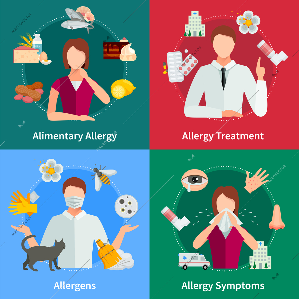 Allergy And Treatment Concept. Allergy Vector Illustration. Allergy Flat Icons Set. Allergy Design Set. Allergy Isolated Elements.