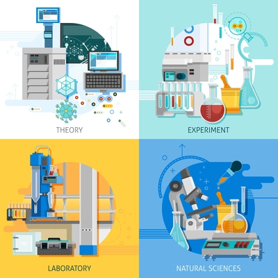 Science laboratory 2x2 design concept with highly technological equipment for theoretical research and practical experiment flat vector illustration