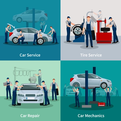 Flat 2x2 compositions presenting work process in car and tire services car repair and car mechanics vector illustration