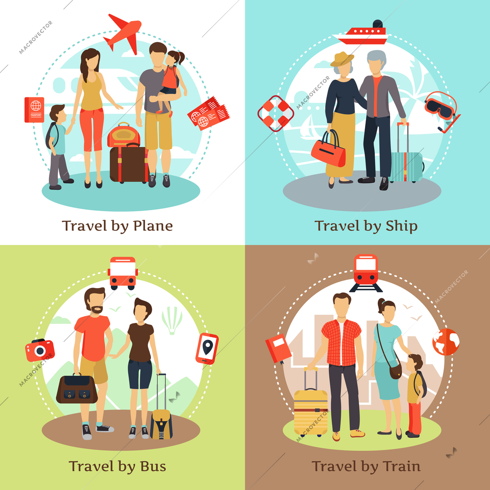Travelers with baggage transportation concept 4 flat icons square with bus ship train poster abstract isolated vector illustration
