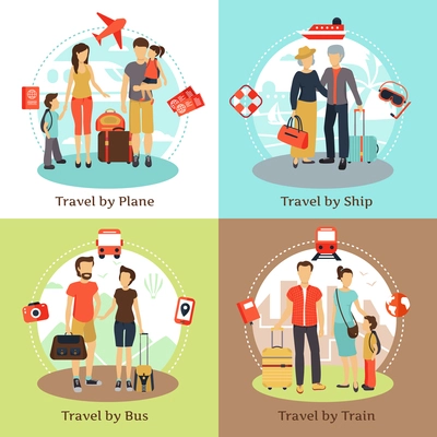 Travelers with baggage transportation concept 4 flat icons square with bus ship train poster abstract isolated vector illustration