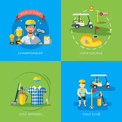 World golf championship club course and apparel 2x2 flat icons isolated vector illustration