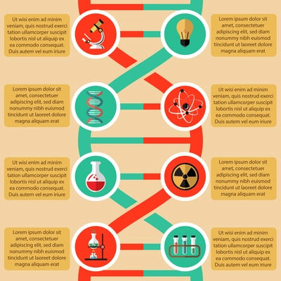 Physics and chemistry infographic elements with radioactive sign atom structure beaker microscope vector illustration