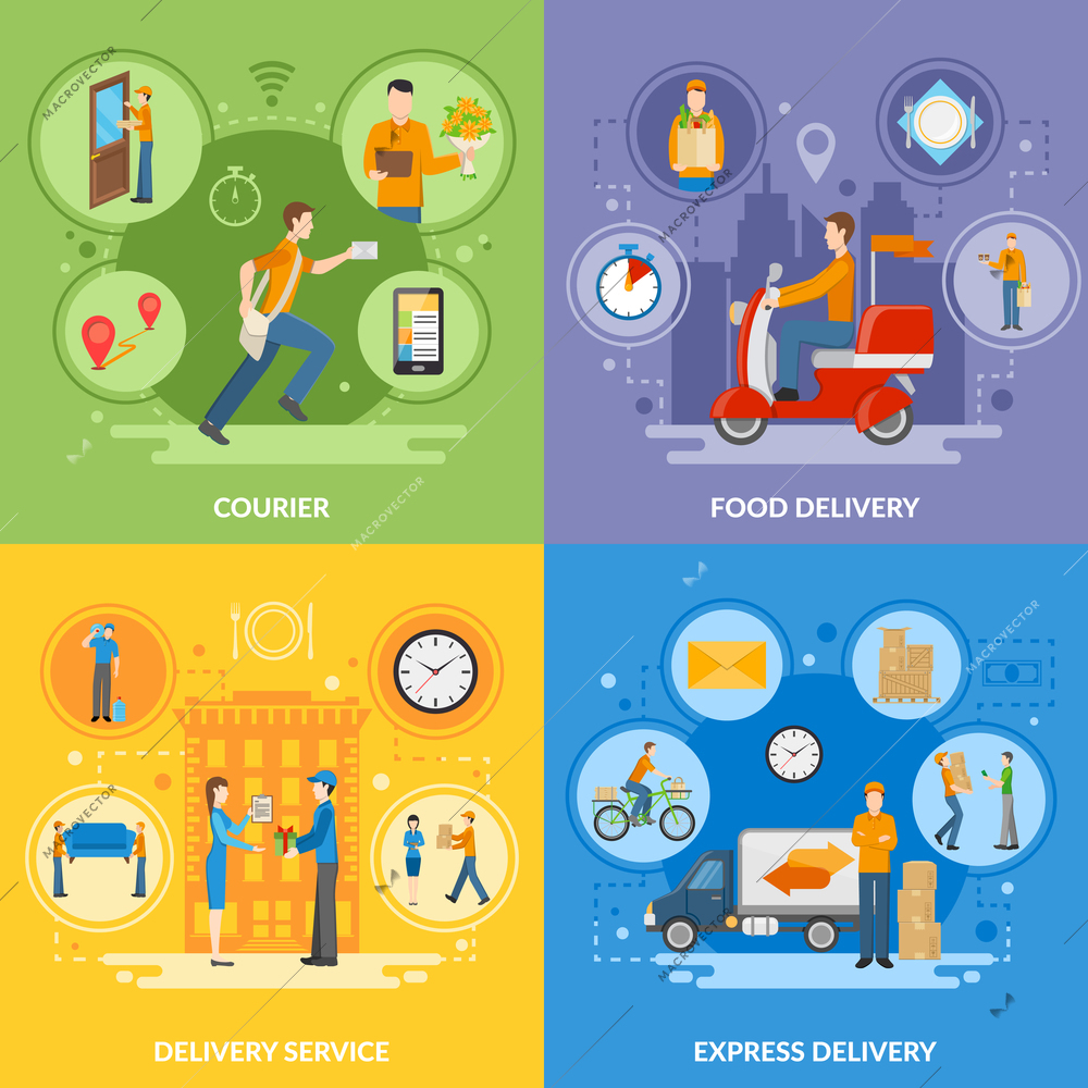 Express delivery service and courier people delivering food and different goods 2x2 flat icons set vector illustration