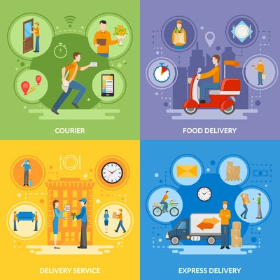 Express delivery service and courier people delivering food and different goods 2x2 flat icons set vector illustration