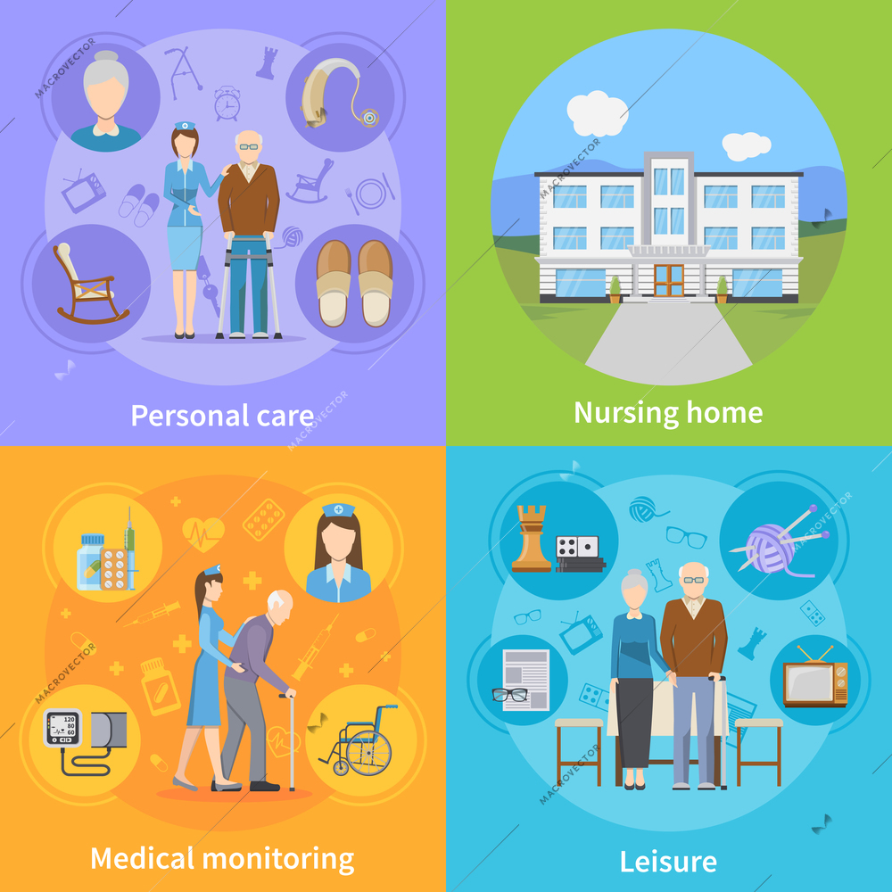 Nursing home 2x2 design concept with personal elderly care medical monitoring and pensioners leisure compositions flat vector illustration