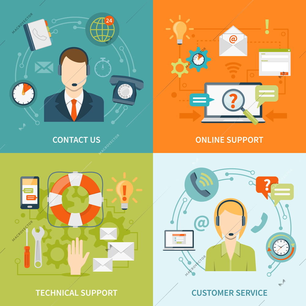 Contact us customer 2x2 flat icons set of online and offline support services isolated vector illustration