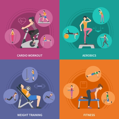 Different kinds of gym training cardio fitness aerobics and weight training 2x2 flat icons set isolated vector illustration