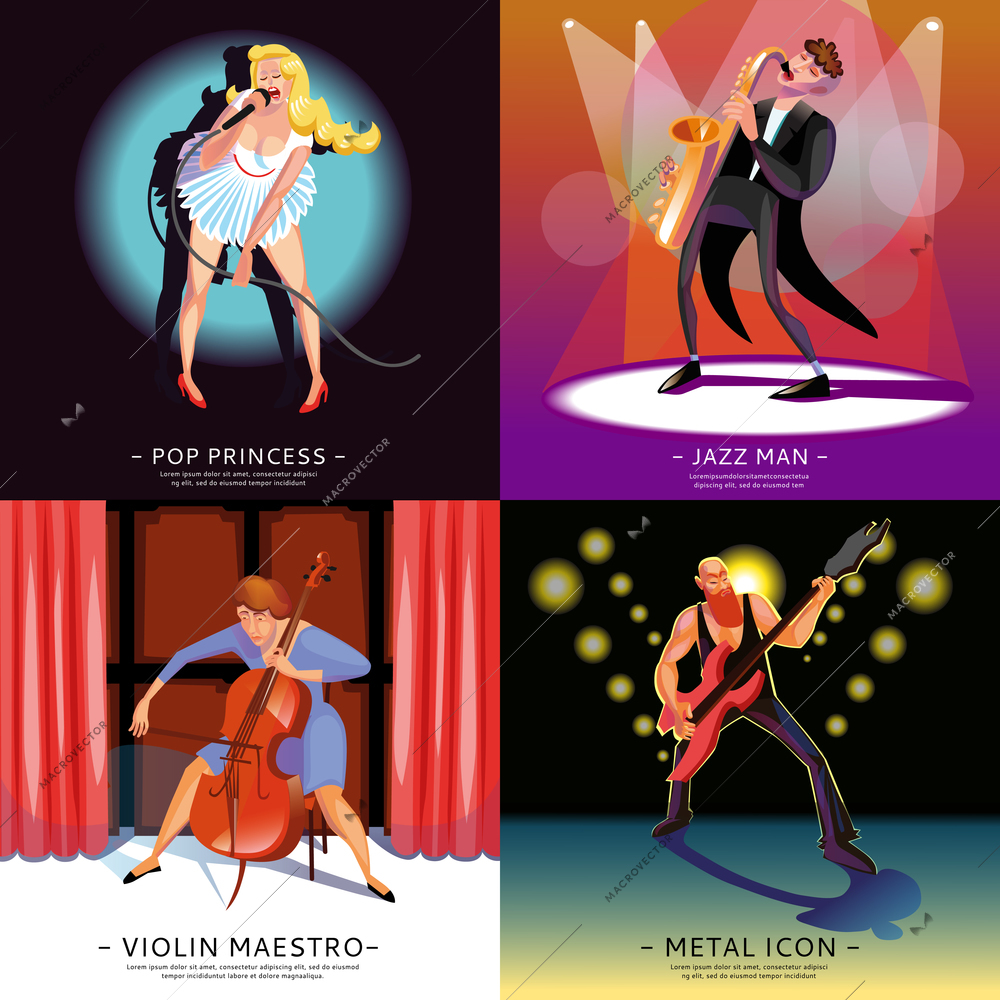 Music 2x2 concept banners presenting pop princess jazz man violin maestro and metal icon cartoon vector illustration