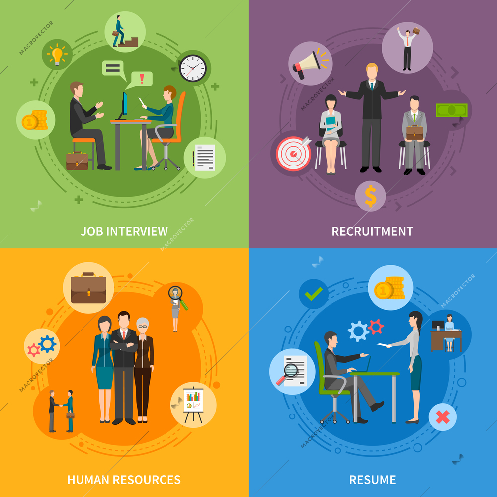 Recruitment HR people 2x2 flat icons set with job interview and resume isolated vector illustration