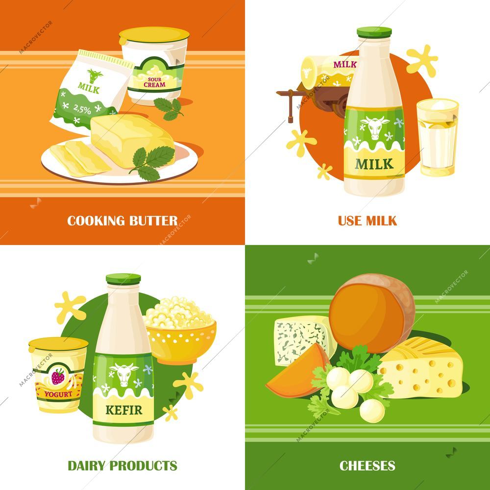 Milk and cheese 2x2 design concept set of dairy products with kefir and milk bottles cooking butter yogurt curd flat vector illustration