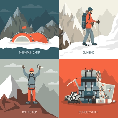 Color flat composition 2x2 depicting mountain camp climbing top stuff vector illustration